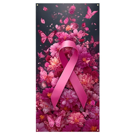 YiJuHui 4pcs Breast Cancer Awareness Door Cover - Large Pink Ribbon Decoration for Office, Event, Fundraiser, Support Campaigns, Durable Polyester Banner 90x180cm