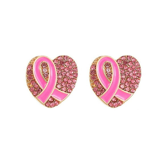 YiJuHui 4pcs Pink Ribbon Awareness Heart Stud Earrings for Women, Diamond Accent Symbol of Hope Support, Alloy Jewelry Gift for Her, Inspirational Cause 1.4*1.2CM