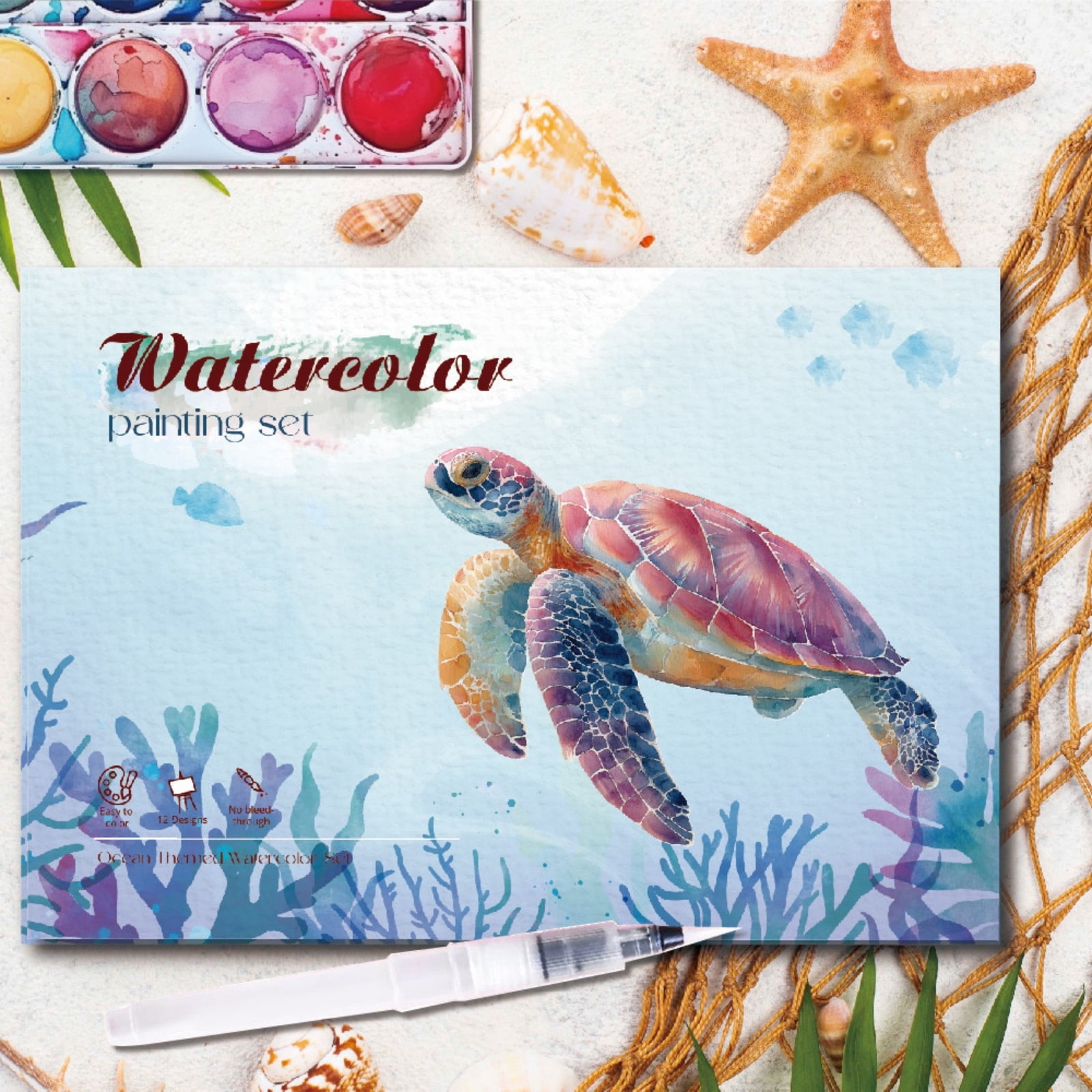 YiJuHui 4pcs Underwater World Watercolor Set with Built-in Pigments, Creative Art Kit, Non-Toxic Washable, Ocean Life Theme, Portable Travel Activity