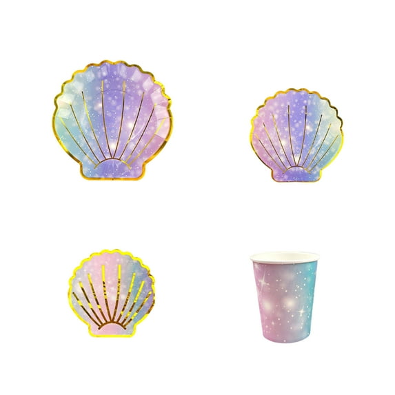 YiJuHui 60pcs Shell Shaped Disposable Party Plates Cups Napkins Set Gold Foil Seafood Themed Birthday Beach Holiday Dinnerware Decor 28x28x9cm