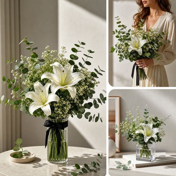 YiJuHui Artificial Flowers with Eucalyptus Leaves Faux Lily Bouquet for Dining Table Living Room Entryway Home Decor Vase Arrangement