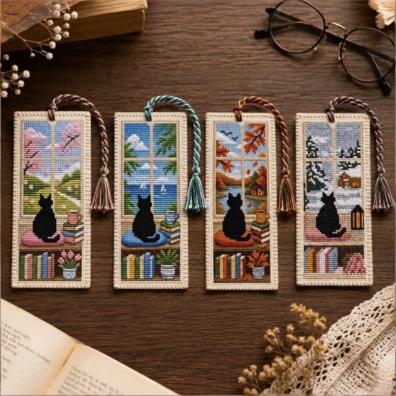 YiJuHui Bookmark, Embroidered Cross Stitch Bookmark Kit for Adults, Cute Seasonal Cat Designs, Beginner-Friendly Craft Set for Reading, Bookshelf Decor
