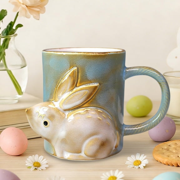 YiJuHui Easter Bunny Ceramic Mug with Handle, Large Capacity Coffee Tea Cup, Festive Relief Design Home Office Desk Decor, Holiday Gift