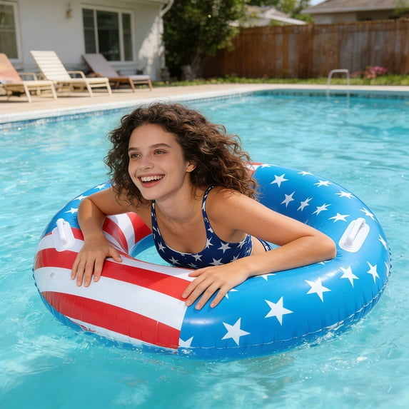 YiJuHui Independence Day Swim Ring Pool Float with Handles, Extra Thick Anti-Roll Design, Patriotic Inflatable Swimming Aid for Water Fun, Durable PVC Pool Floaties for Summer