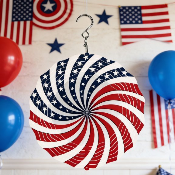 YiJuHui Independence Day Wind Chime Outdoor Garden Decor, Patriotic Metal Spinning Star Stripe Swirl Design, Weather-Resistant Stainless Steel Hanging Ornament for Party Patio Yard Festival