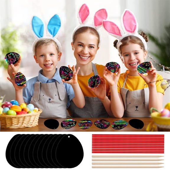 YiJuHui Magic Scratch Art Paper Set, Easter Eggs Scratch Craft Kit with Wooden Stylus & Ribbon, Black Coated Reveal Rainbow Colors, Creative Activity for Holiday Decor, Home & Tree Decoration