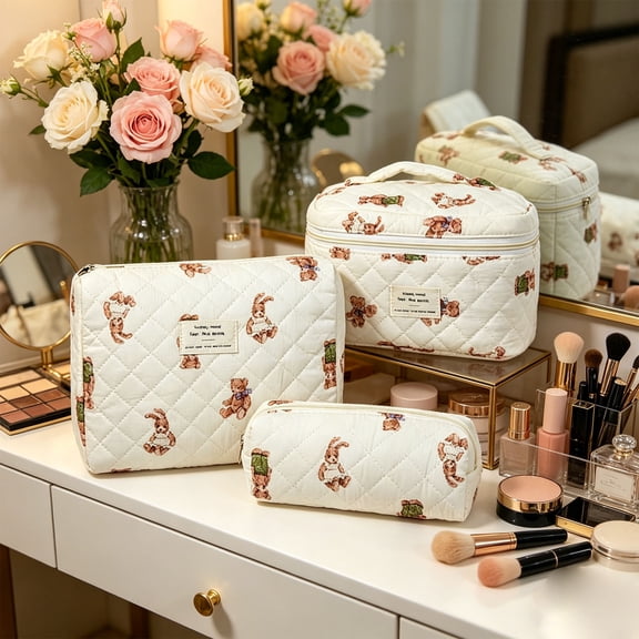 YiJuHui Makeup Bag Travel Toiletry Organizer, Vintage Quilted Cosmetic Pouch with Flower Print, Large Capacity Portable Storage for Toiletries, Jewelry, Business Trip Essentials