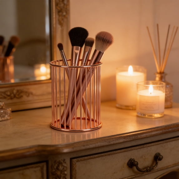 YiJuHui Metal Pen Holder Makeup Brush Organizer Gold Wire Desk Storage Cup Office Vanity Cosmetic Organizer Multipurpose Container for Home and Office Supplies