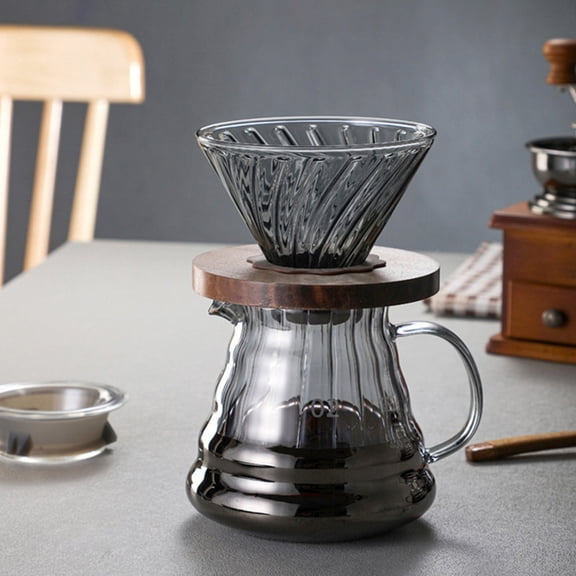 YiJuHui Pour Over Coffee Maker, High-Heat Borosilicate Glass Coffee Maker, Walnut Handle & Glass Lid, Drip Coffee Maker Set for Home Café Restaurant (coffee pot&cone shaped drip top)
