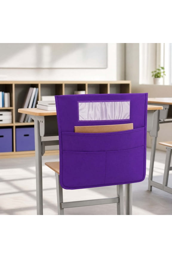 Seat Sack Storage Organizer for Classroom Chairs, Heavy-Duty Denim Chair Pocket Caddy with Name Tag Holder for Desks, Multi-Pocket Hanging Organizer for Teacher Supplies, Desk Accessory