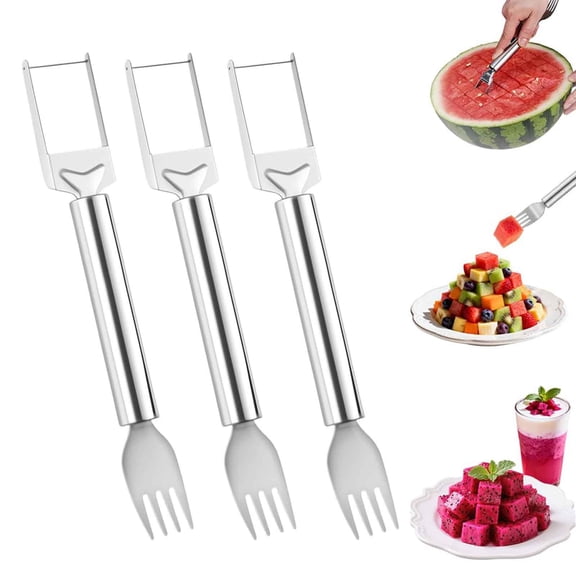 YiJuHui Stainless Steel Watermelon Cutter and Server 2-in-1 Tool with Fork, Easy Cube Cutter Slicer Knife for Melon Pineapple Fruit, Kitchen Gadget for Home Party Picnic BBQ