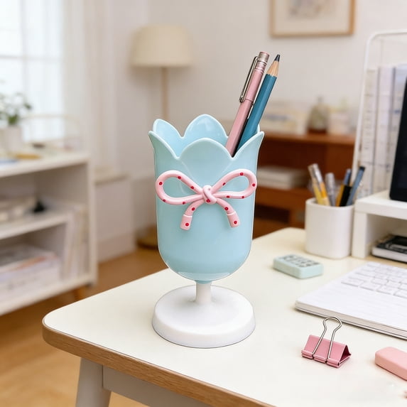 YiJuHui Tulip Pen Holder Desk Organizer, Decorative Pencil Cup with Polka Dot Bow, Multifunctional Storage for Office Supplies and Makeup Brushes, Plastic Desktop Decor