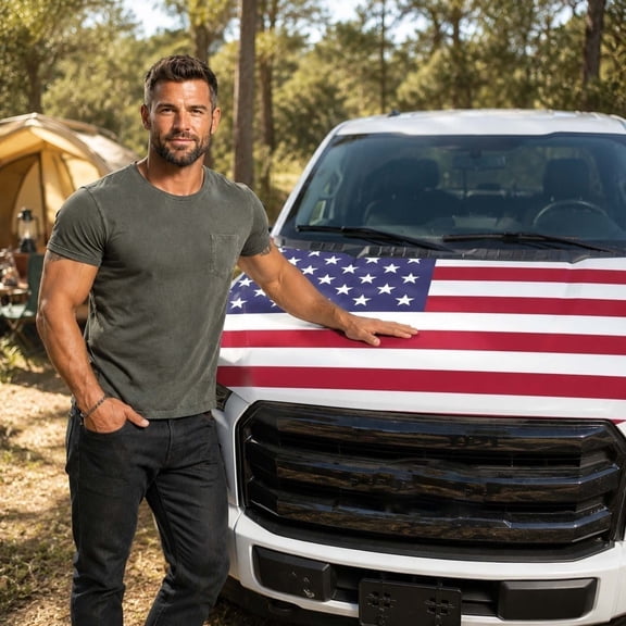 YiJuHui US Independence Day Car Cover, American Flag Hood Cover for Vehicles, Patriotic Hood Protector for Cars SUVs Trucks, Stretch Spandex Car Hood Shield, Outdoor Car Decor for Parades Tailgates