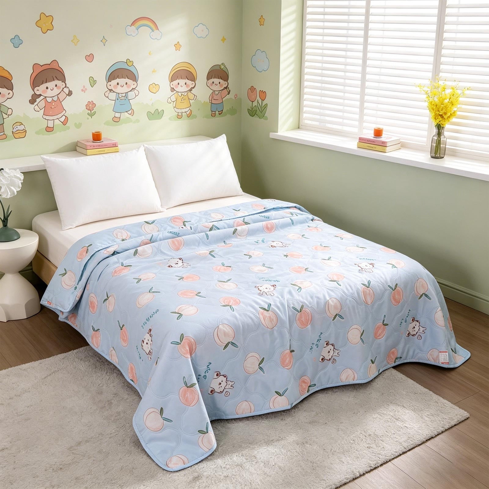 YiJuHui Washed Cotton Quilt, Lightweight Summer Air Conditioning Blanket, Soft Breathable Peach Bear Print Bedspread, Machine Washable Thin Throw for Couch Travel
