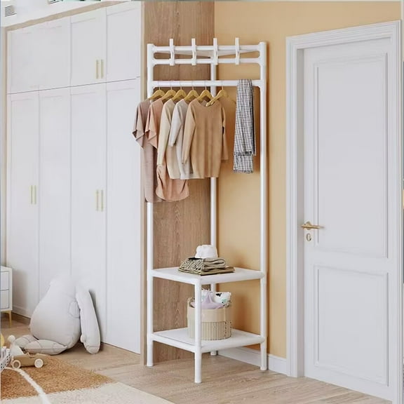 Yika Clothes Racks Freestanding Organizer,Simple Hall Tree with 2 Storage Shelves, Corner Storage Organizer, for Entryway, Bedroom, White