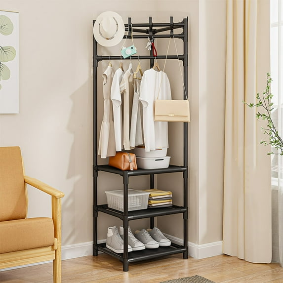 YiKa Clothes Racks Coat Rack Freestanding Closet Organizer,Simple Hall Tree with 3 Storage Shelves, Corner Storage Organizer, for Entryway, Bedroom, Black