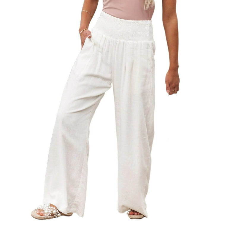 YiLvUst Women Cotton Linen Pants Elastic High Waist Wide Leg Palazzo Lounge Pants Casual Loose Beach Pants with Pockets