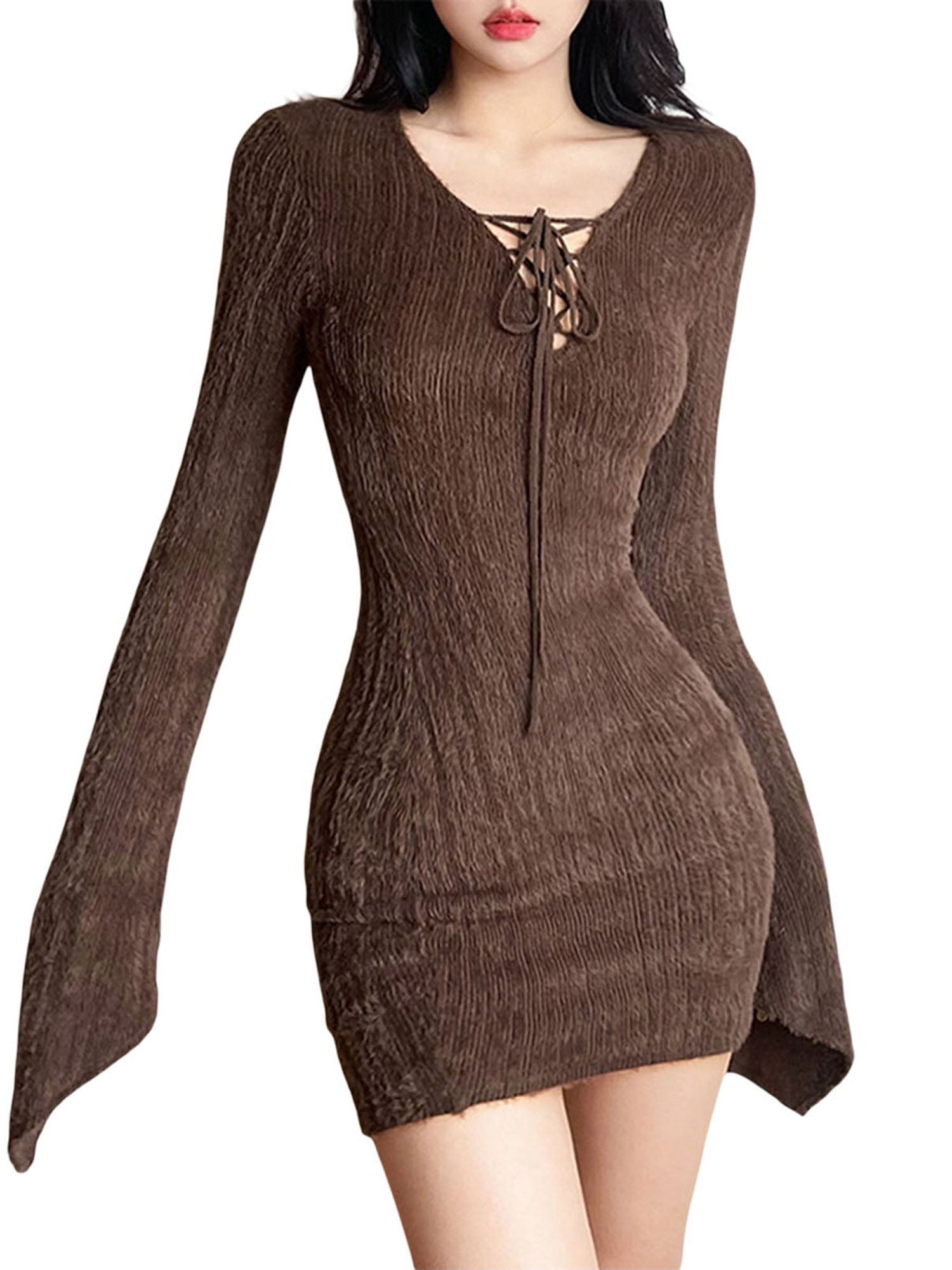 Casual Minimal Goth Chic Print Lite Bodycon Dress with Sleeves