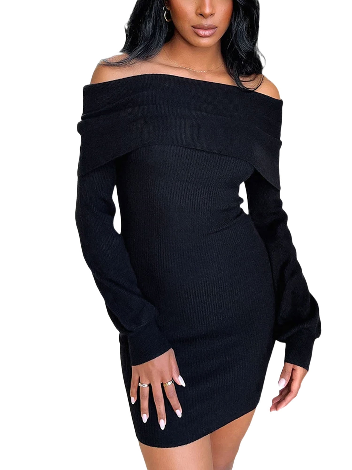 YiLvUst Women Gothic Off Shoulder Mini Dress Aesthetic Long Sleeve Stripe  Bodycon Short Dress Wrap Ribbed Knit Sweater Dress