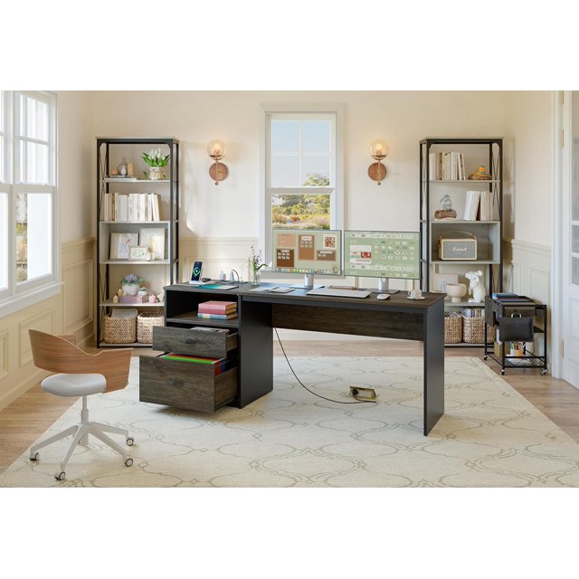 60 inch Home Office Desk with Power Outlets, Computer Desk with Drawers, Reversible Desk