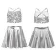 thumbnail image 1 of YiZYiF 2Pcs Girls Glittery Sequins Jazz Dance Suit Cheerleading Crop Top with Pleated Mini Skirt Silver 6, 1 of 6