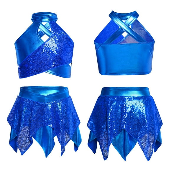 YiZYiF 2Pcs Girls Metallic Shiny Sequin Crop Top with Skirt for Jazz Latin Ballroom Dance Outfit Set Blue 6