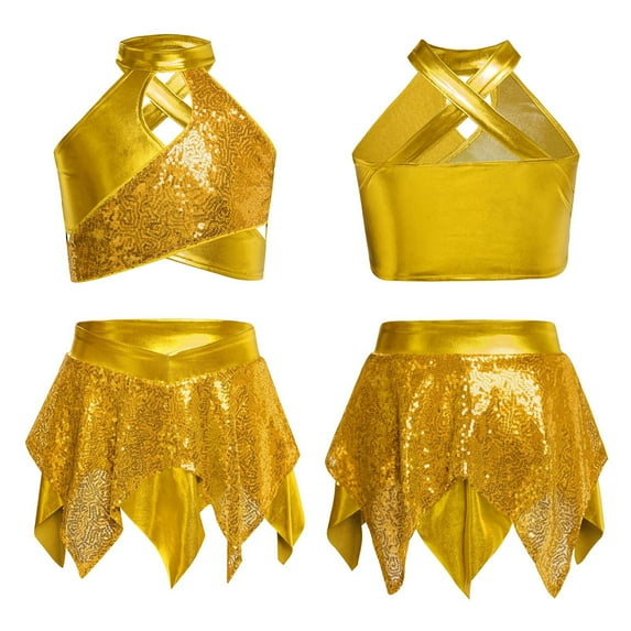 YiZYiF 2Pcs Girls Metallic Shiny Sequin Crop Top with Skirt for Jazz Latin Ballroom Dance Outfit Set Gold 16