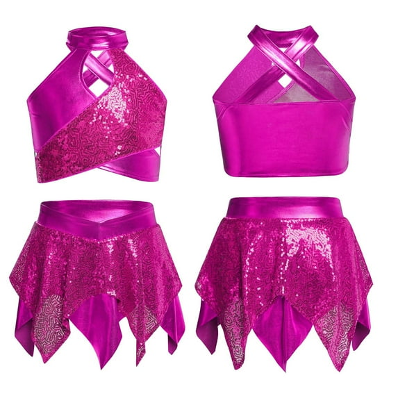 YiZYiF 2Pcs Girls Metallic Shiny Sequin Crop Top with Skirt for Jazz Latin Ballroom Dance Outfit Set Hot Pink 6