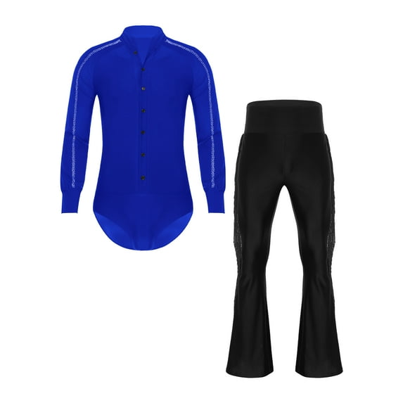 YiZYiF 2Pcs Men Latin Ballroom Dance Leotard Outfits Bodysuit Top with Tassels Flare Pants Dancewear Blue L