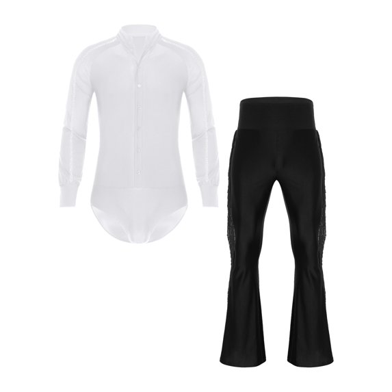 YiZYiF 2Pcs Men Latin Ballroom Dance Leotard Outfits Bodysuit Top with Tassels Flare Pants Dancewear White&Black M