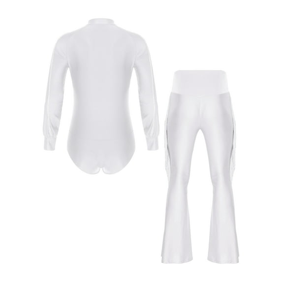 YiZYiF 2Pcs Men Latin Ballroom Dance Leotard Outfits Bodysuit Top with Tassels Flare Pants Dancewear White M