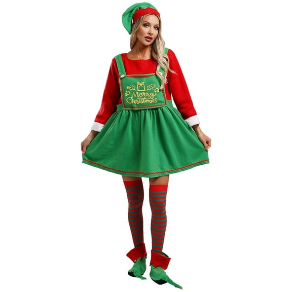 YiZYiF 4Pcs Christmas Elf Costume for Women Santa Helper Costume Xmas Party Cosplay Fancy Dress Suit Green M