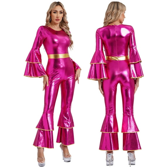 YiZYiF 70s Disco Costumes for Womens Metallic Shiny Jumpsuits Tiered Flare Sleeve Bell Bottoms Romper Hot Pink 3XL