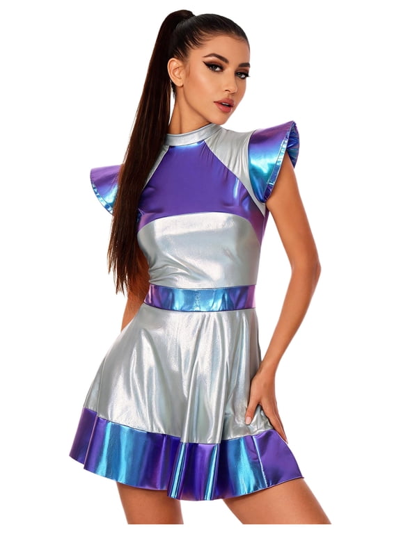Alien Costume for Women Metallic Shiny Cosplay Dress Blue 3XL