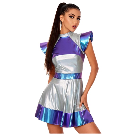 YiZYiF Alien Costume for Women Metallic Shiny Cosplay Dress Blue L