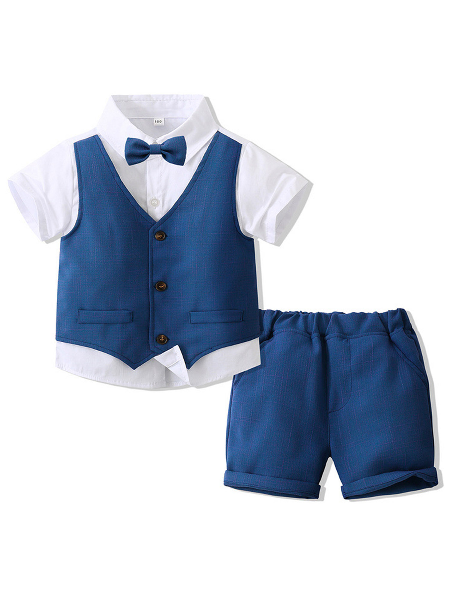 Randall - Toddler Boy Summer Suit Set - Infant Bow Tie Blue Shirt+Suspender Shorts main image 1