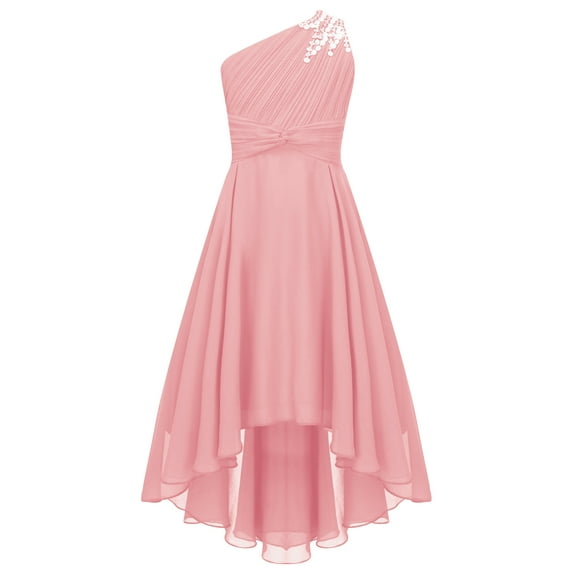 YiZYiF Big Girls Shiny Beaded One Shoulder Evening Proms Dress High-low Hem Birthday Party Dresses Pink 16