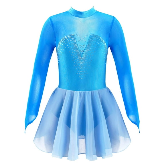 YiZYiF Big Girls Shiny Rhinestone Ballet Dance Leotard Dress Mesh Long Sleeves Gymnastics Skating Dress