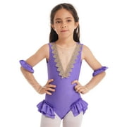 YiZYiF Big Little Girls Halloween Showman Costume Mesh Splice V-Shape Back Leotard with Arm Sleeves A Lavender 3