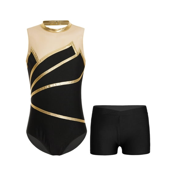 YiZYiF Big & Little Girls Metallic Sleeveless Leotard with Dance Shorts Activewear Ballerina Skating Performance Costume Sports Suit Gold 16