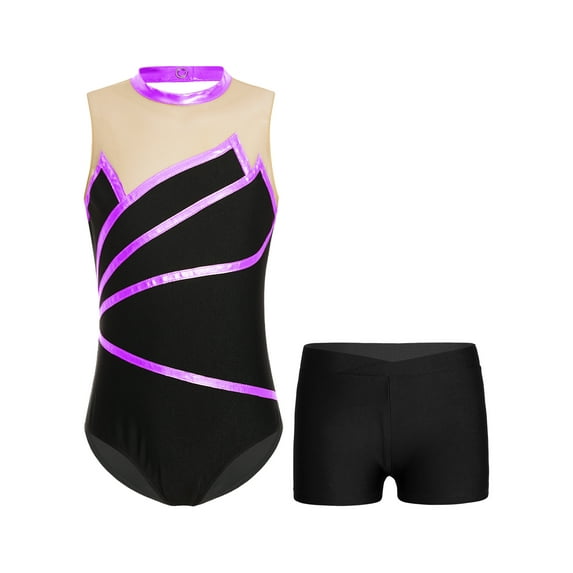 YiZYiF Big & Little Girls Metallic Sleeveless Leotard with Dance Shorts Activewear Ballerina Skating Performance Costume Sports Suit Purple 10