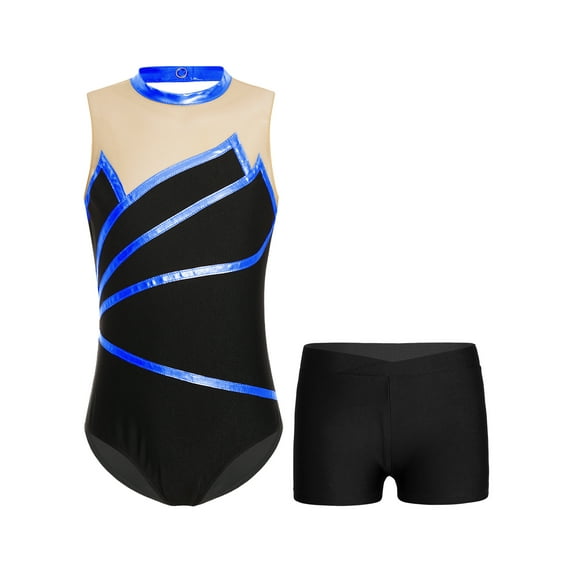 YiZYiF Big & Little Girls Metallic Sleeveless Leotard with Dance Shorts Activewear Ballerina Skating Performance Costume Sports Suit Royal Blue 8