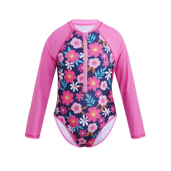 YiZYiF Kids Girls Long Sleeve One-Piece Rash Guard Swimsuit UPF 50+ UV Beachwear Rose Red 12