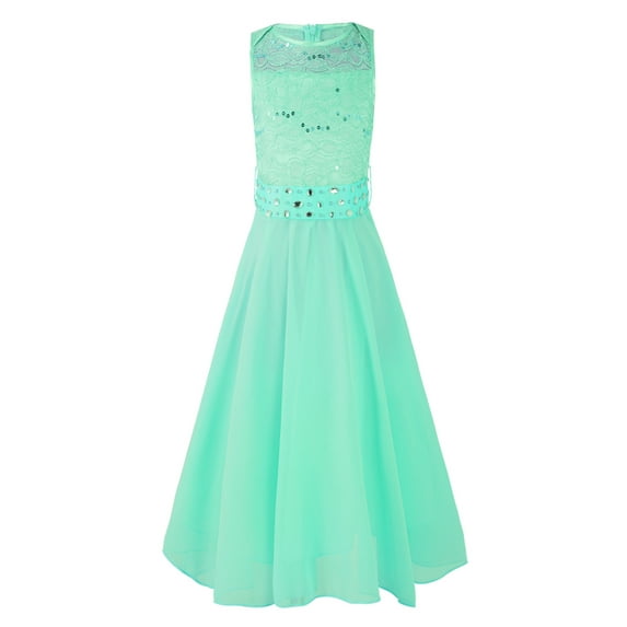 YiZYiF Big Little Girls Sequined Lace Chiffon Flower Girl Dress Tea Length Two Layers Princess Birthday Party Dress Mint Green 4