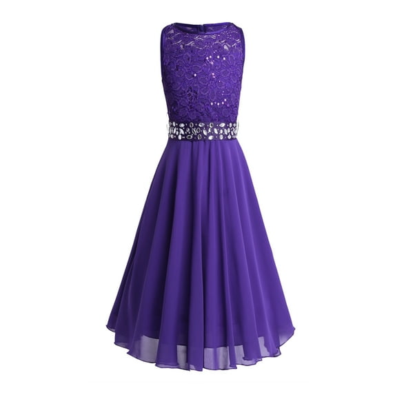 YiZYiF Big Little Girls Sequined Lace Chiffon Flower Girl Dress Tea Length Two Layers Princess Birthday Party Dress Purple 14