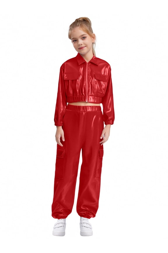 Boys Girls Hip Hop Jazz Dance Clothes Set Shiny Jacket with Metallic Pants Party Costume Red 12