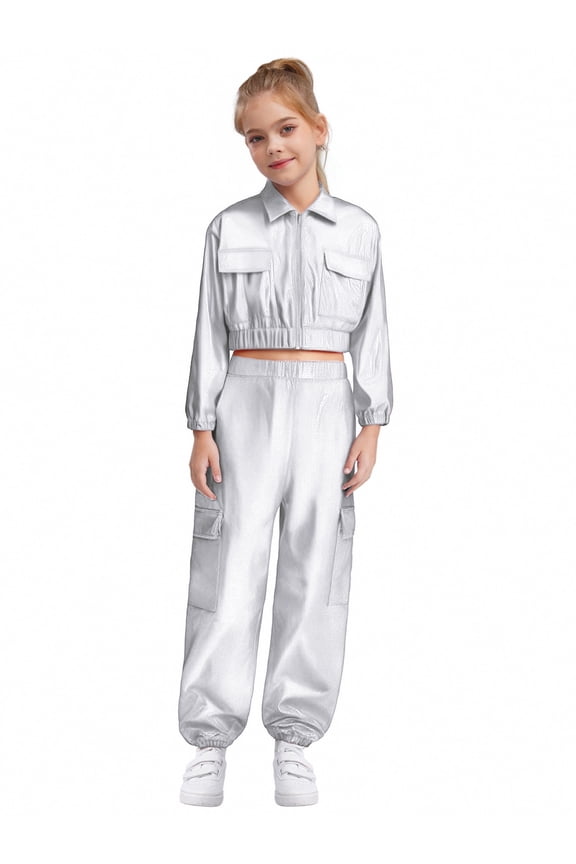 Boys Girls Hip Hop Jazz Dance Clothes Set Shiny Jacket with Metallic Pants Party Costume Silver 6