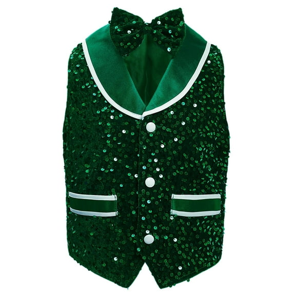 YiZYiF Boys Girls Sequin Vest Jacket Kids Sparkly Button Velvet Waistcoat with Tuxedo Bowtie Jazz Dark Green 10