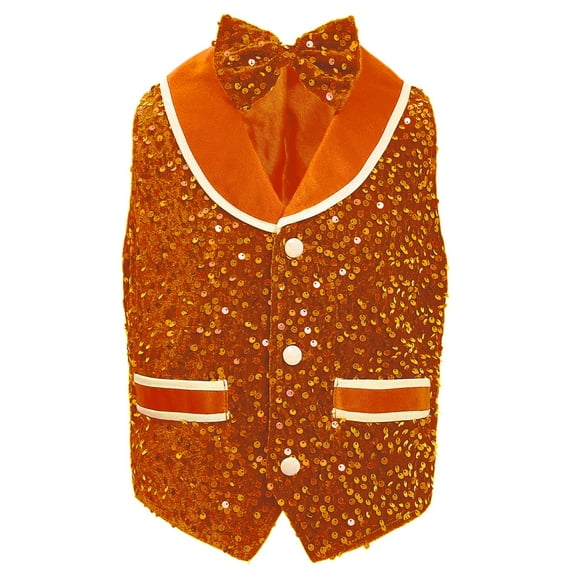 YiZYiF Boys Girls Sequin Vest Jacket Kids Sparkly Button Velvet Waistcoat with Tuxedo Bowtie Jazz Orange 16