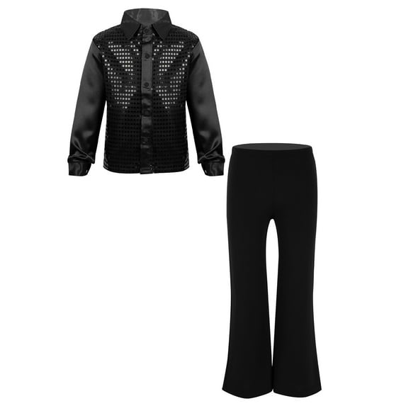 YiZYiF Boys Shiny Long Sleeve Button-Down Shirt and Flared Pants Disco Hip Hop Latin Jazz Dance Set Black 14